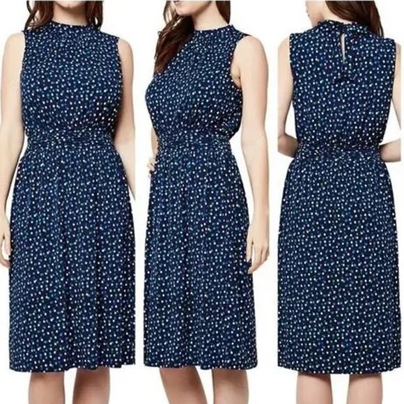 Leota Aria Dress Polka Dot Ruched Waist Sleeveless Blue Medium Knot Dotted Knee - Picture 5 of 13